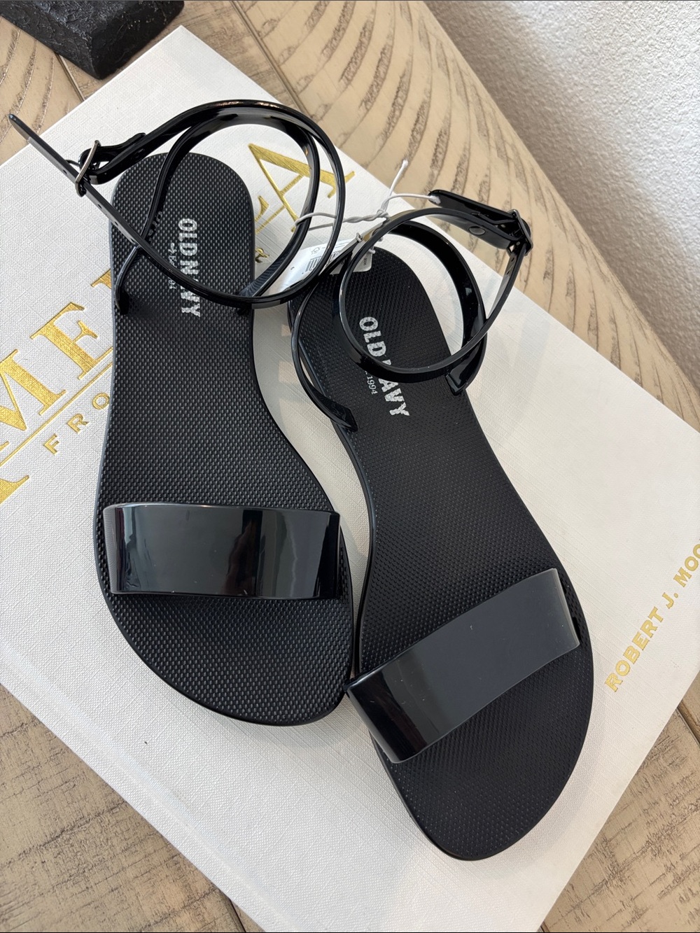 Old Navy Black Glossy Ankle-Strap Jelly Sandals